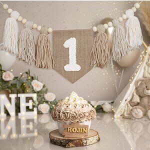 Bohemian Burlap Khaki Decorations for a First Birthday